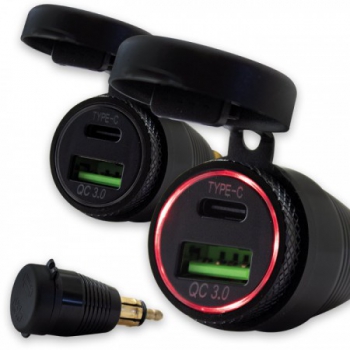 Doppel-USB 3.0-Adapter  1 x USB + Typ C PD ,rote LED, schwarz, Alu, BMW/Ducati/Triumph, DIN Ø12mm, Hella