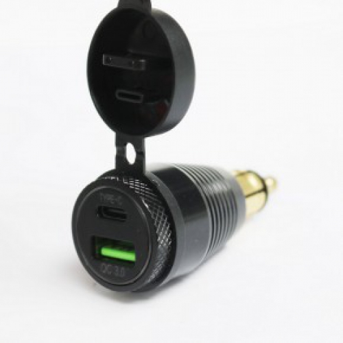 Doppel-USB 3.0-Adapter  1 x USB + Typ C PD ,rote LED, schwarz, Alu, BMW/Ducati/Triumph, DIN Ø12mm, Hella