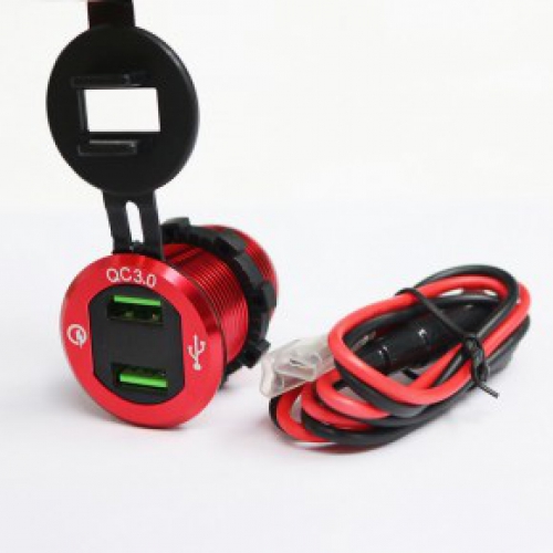 Bordsteckdose "3.0"  2 x USB + Voltanzeige  rot  Ösenkabellänge 60cm  12/24V DC  Ø 28mm  10A